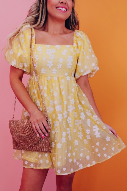 Yellow Boho Flower Jacquard Puff Sleeve Square Neck Mini Dress LC6119708-P722
