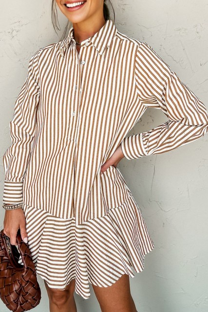 Brown Stripe Ruffled Hem Collared Long Sleeve Shirt Mini Dress LC6125787-P1719