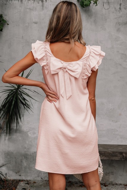 Light Pink Textured Flutter Sleeve Square Neck Bow Back Mini Dress LC6125557-P1010