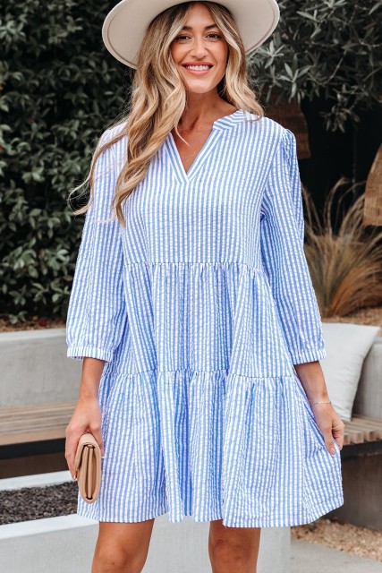 Sky Blue Stripe Bracelet Sleeve Tiered Shift Dress with Pockets LC6125814-P419