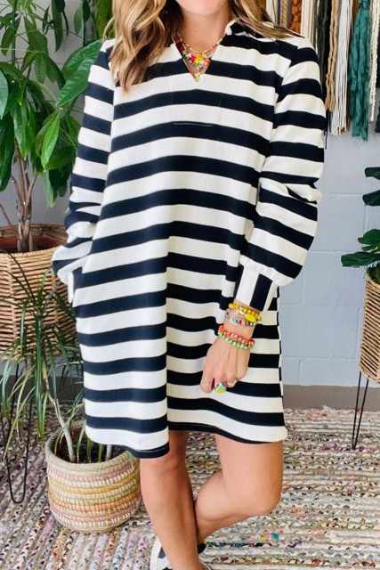 Black Stripe Polo Neck Shift Fit Sweatshirt Dress with Side Pockets LC6126282-P219