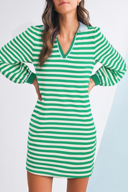 Green Striped Contrast Collar Split Neck Long Sleeve Mini Dress LC6125982-P9
