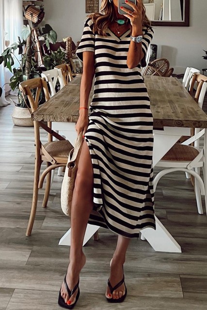Black Stripe Print V Neck Maxi Dress with Side Splits LC6113423-2