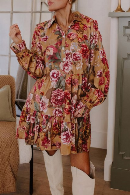Brown Vintage Floral Print Shirt Style Half Button Long Sleeve Ruffle Mini Dress LC6126049-P1720