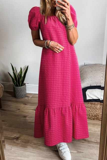 Rose Ginham Check Bubble Sleeve Ruffled Maxi Dress LC6123941-P10620