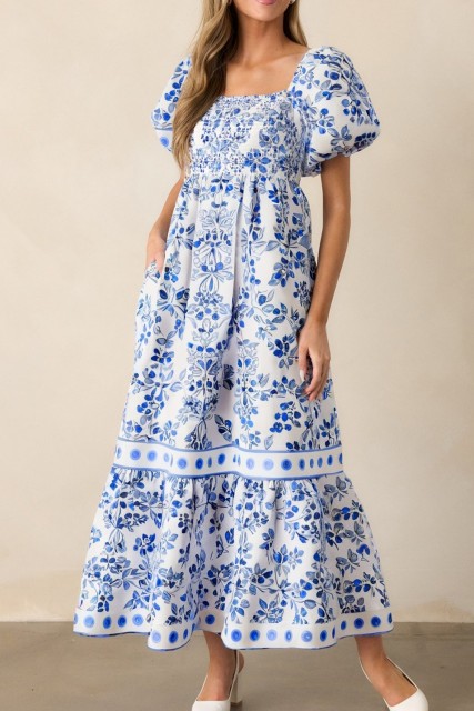 Sky Blue Floral Print Square Neck Bubble Sleeve High Waist Maxi Dress LC6124196-P420