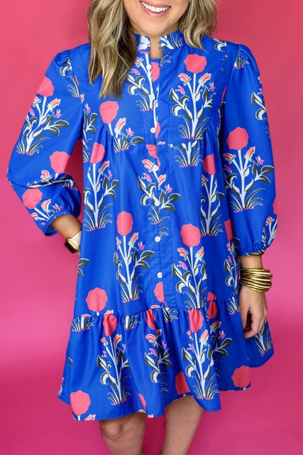 Blue Floral Print Button Detail 3/4 Puff Sleeve Ruffle Hem Dress LC6125869-P520