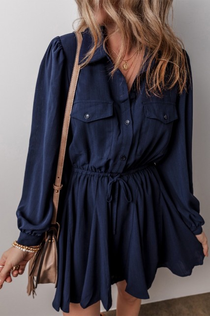 Navy Blue Solid Chest Pockets Tunic Shirt Mini Dress LC6121915-P605