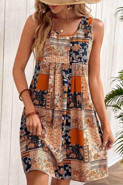 Orange Retro Floral Patchwork Print Sleeveless Mini Dress LC6117448-14