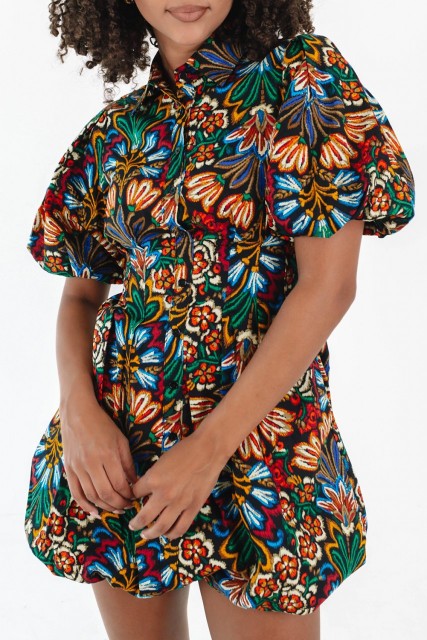 Multicolour Floral Puff Short Sleeve Shirt Mini Dress LC6123626-P22