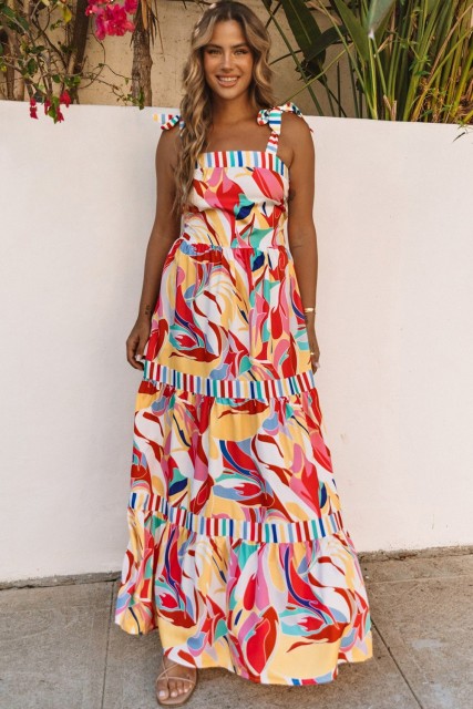 Multicolor Abstract Print Striped Trim Maxi Sundress LC6112858-22