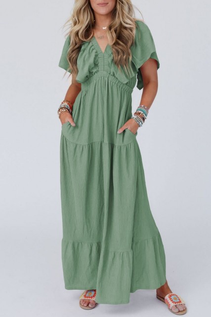 Grass Green Textured V Neck Flutter Sleeve Ruffled Maxi Dress LC6118459-P1109