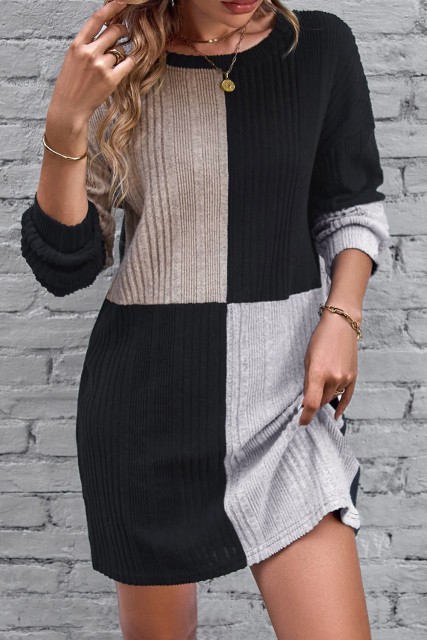 Black Ribbed Color Block Drop Shoulder Long Sleeve Mini Dress LC6117767-2