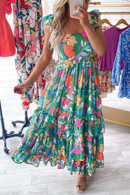 Green Floral Print Sleeveless Ruffle Tiered Maxi Dress LC6119570-P922