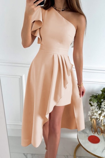 Apricot One Shoulder Ruffle Sleeve Wrap Slit Dress LC6117021-18