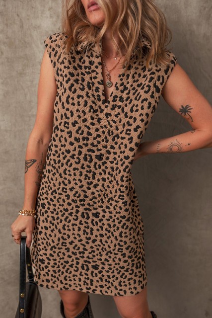 Khaki Leopard Print V Neck Sleeveless Collared Mini Dress LC6122707-P1620