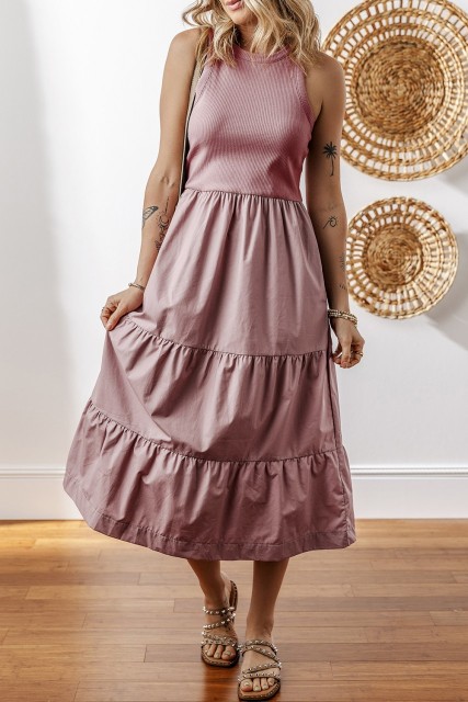 Sepia Rose Ribbed Vest Patchwork Tiered Midi Dress with Pockets LC6122515-P1310