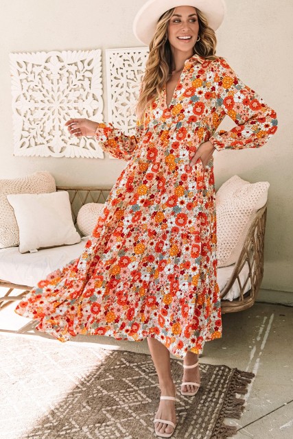 Multicolor Boho Floral Collared Long Sleeve Ruffled Dress LC6117560-22