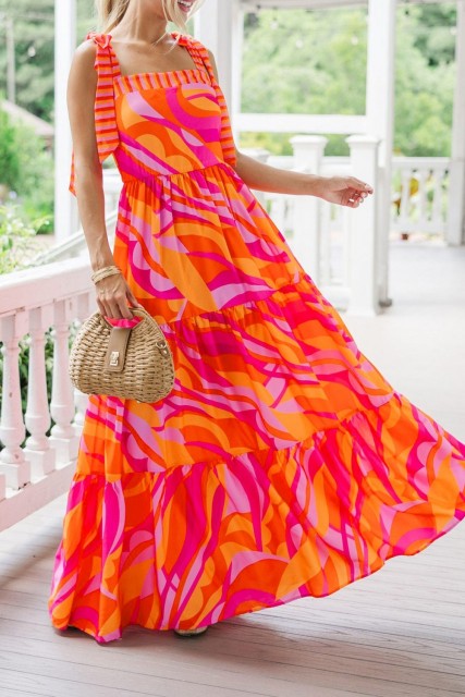 Red Abstract Print Knotted Shoulder High Waist Maxi Dress LC6122443-P322