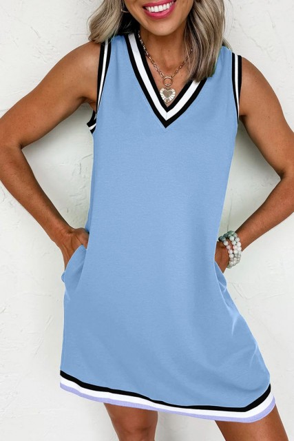 Myosotis Color Contrast Trim V Neck Shift Sleeveless Mini Dress LC6124893-P1204