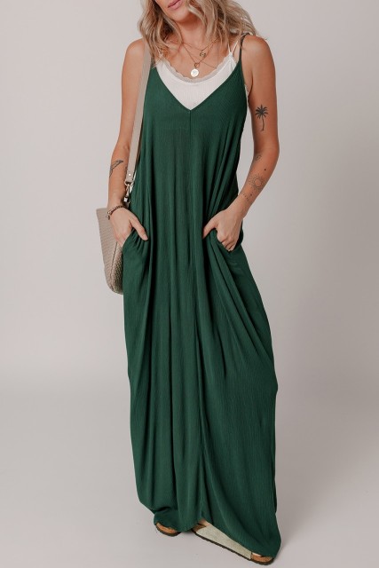 Duffel Green Spaghetti Straps Pocketed Slouchy Maxi Dress LC6123502-P1309
