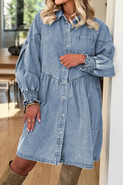 Beau Blue Smocked Cuffs Flared Denim Shirt Mini Dress LC7861052-P804