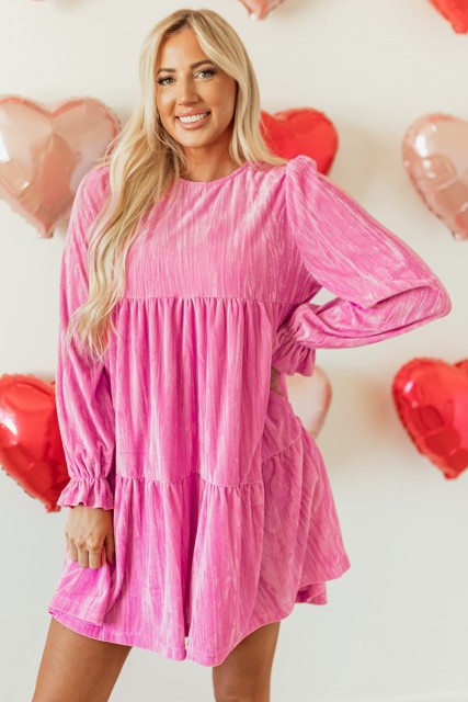 Strawberry Pink Flounce Sleeve Tiered Ruffled Velvet Mini Dress LC6122294-P306