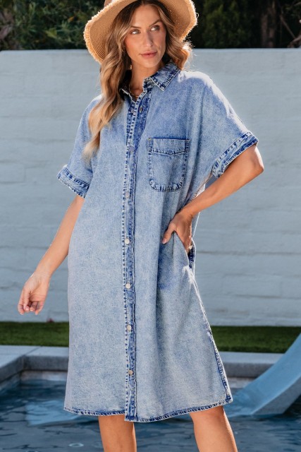 Light Blue Loose Medium Wash Short Sleeve Shirt Chambray Dress LC786562-P4