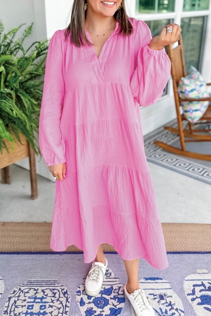 Bonbon Solid Collared V Neck Tiered Loose Fit Midi Dress LC6121524-P3010
