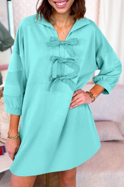 Moonlight Jade Bow Front Bracelet Sleeve Collared Side Pocket Shift Mini Dress LC6126021-P2209