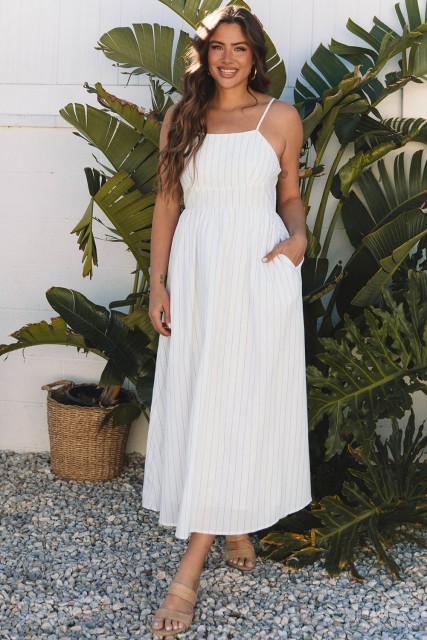 Beige Stripe Spaghetti Strap Pocketed High Waist Maxi Dress LC6123482-P1519
