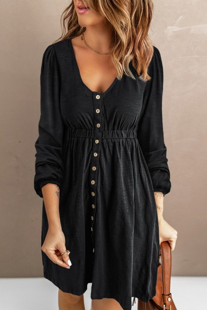 Black Button Up High Waist Long Sleeve Dress LC6111416-2
