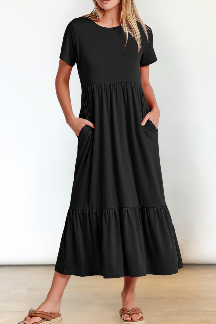 Black Solid Color T-shirt High Waist Pocketed Long Dress LC6124794-P2