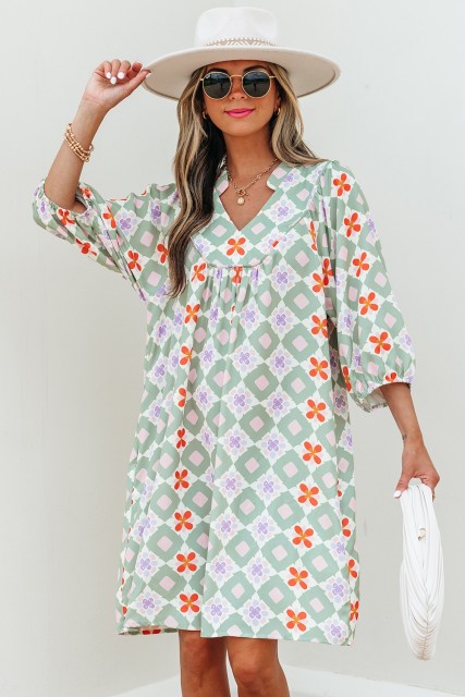 Green Geometric Floral Print 3/4 Sleeve Notched Neck Mini Dress LC6124547-P920