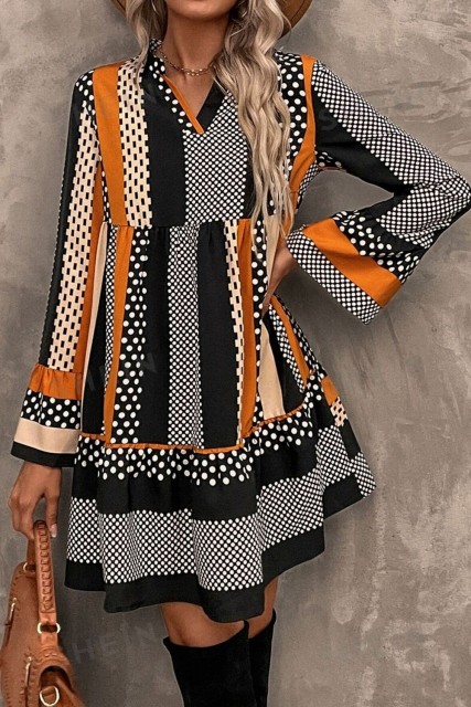 Black Striped Polka Dot Print Ruffled Hem V Neck Mini Dress LC6122084-P222