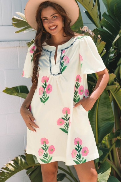 Apricot Floral Short Sleeve Split Neck Loose Mini Dress LC6125284-P1820