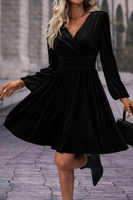 Black Velvet Long Sleeve Surplice High Waist Mini Dress LC6121799-P2