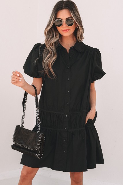 Black Shirt Style Button Down Puff Sleeve Ruffle Hem Dress LC6123432-P2