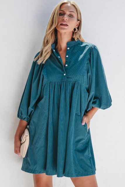 Blue Corduroy Snap Buttons Empire Waist Bracelet Sleeve Dress LC6121359-P4