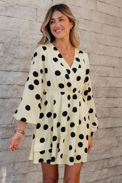 Beige Polka Dot Printed Surplice V Neck Puff Sleeve Mini Dress LC6122746-P15