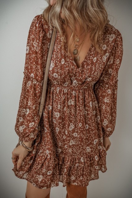 Brown Boho Floral Ruffled Puff Sleeve V Neck Mini Dress LC6121585-P1720