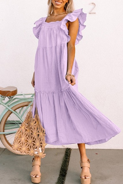 Purple Ruffled Flutter Sleeve Square Neck Textured Tiered Maxi Dress LC6119068-8