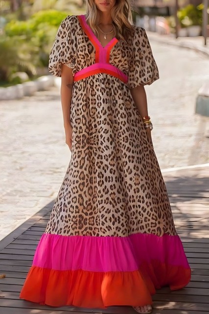 Bright Pink Leopard Colorblock Patchwork Bubble Sleeve Maxi Dress LC6120706-P106