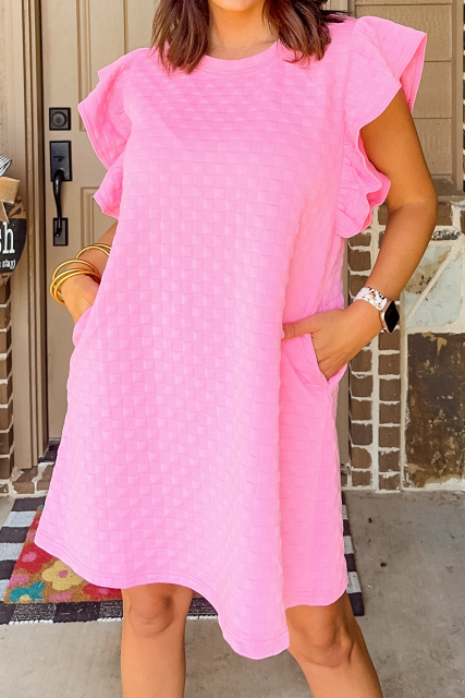 Pink Textured Ruffled Sleeve Shift Summer Dress with Pockets LC6125794-P10