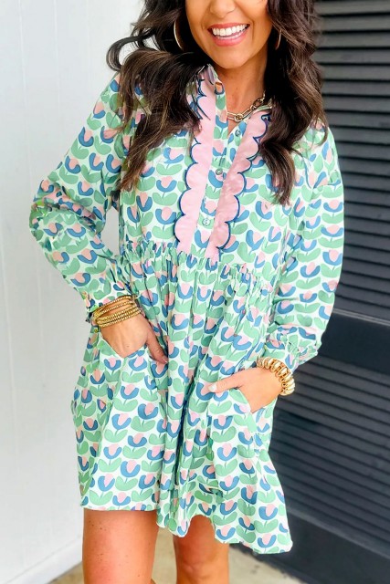 Green Floral Print Notched Neck Scalloped Detail Long Sleeve Mini Dress LC6125899-P920