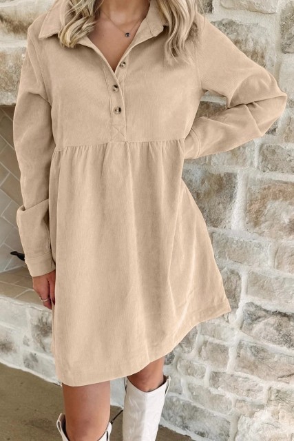 Oatmeal Corduroy Half Button Collared Long Sleeve Mini Dress LC6126252-P1015
