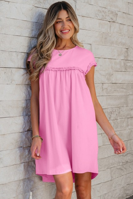 Pink Frilled Trim Crew Neck Loose Fit Mini Dress LC6123791-P10