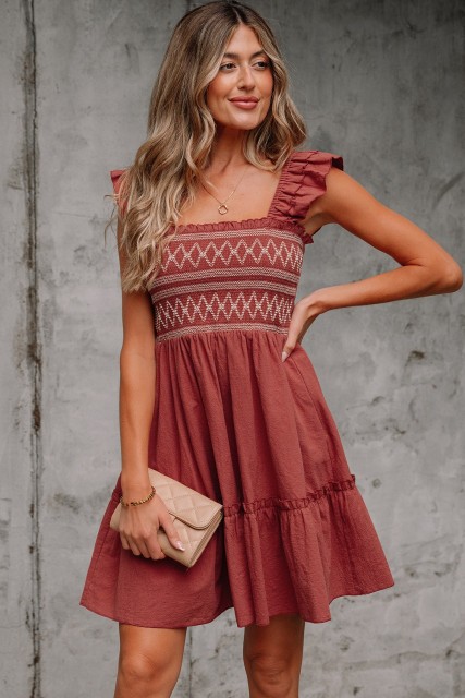 Red Sandalwood Geometric Stitch Shirred Bodice Ruffled Trim Sleeveless Mini Dress LC6124864-P3017