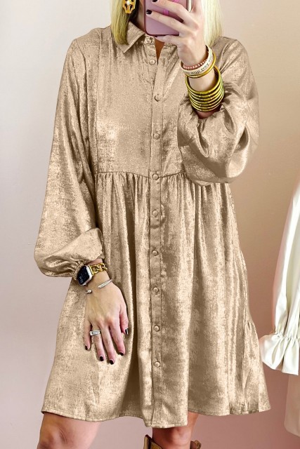 Apricot Metallic Sheen Puff Sleeve Button Up Mini Shirt Dress LC6121537-P18