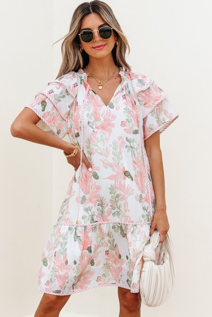 Pink Floral Contrast Edge Layered Short Sleeve Mini Dress LC6124822-P1020